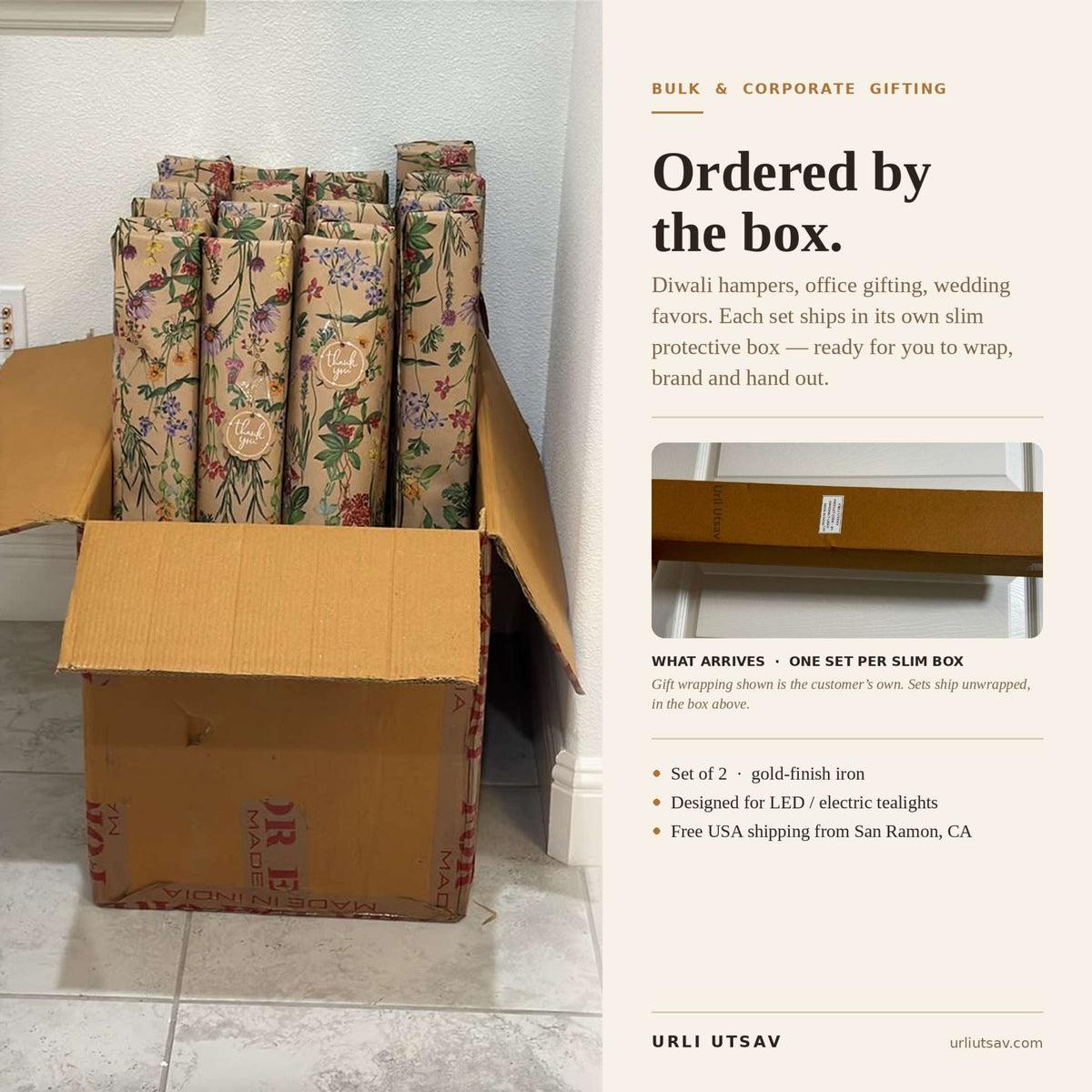 Gift wrapped Urli Utsav T-light holders stacked in a shipping box, ordered in bulk for corporate Diwali gifting