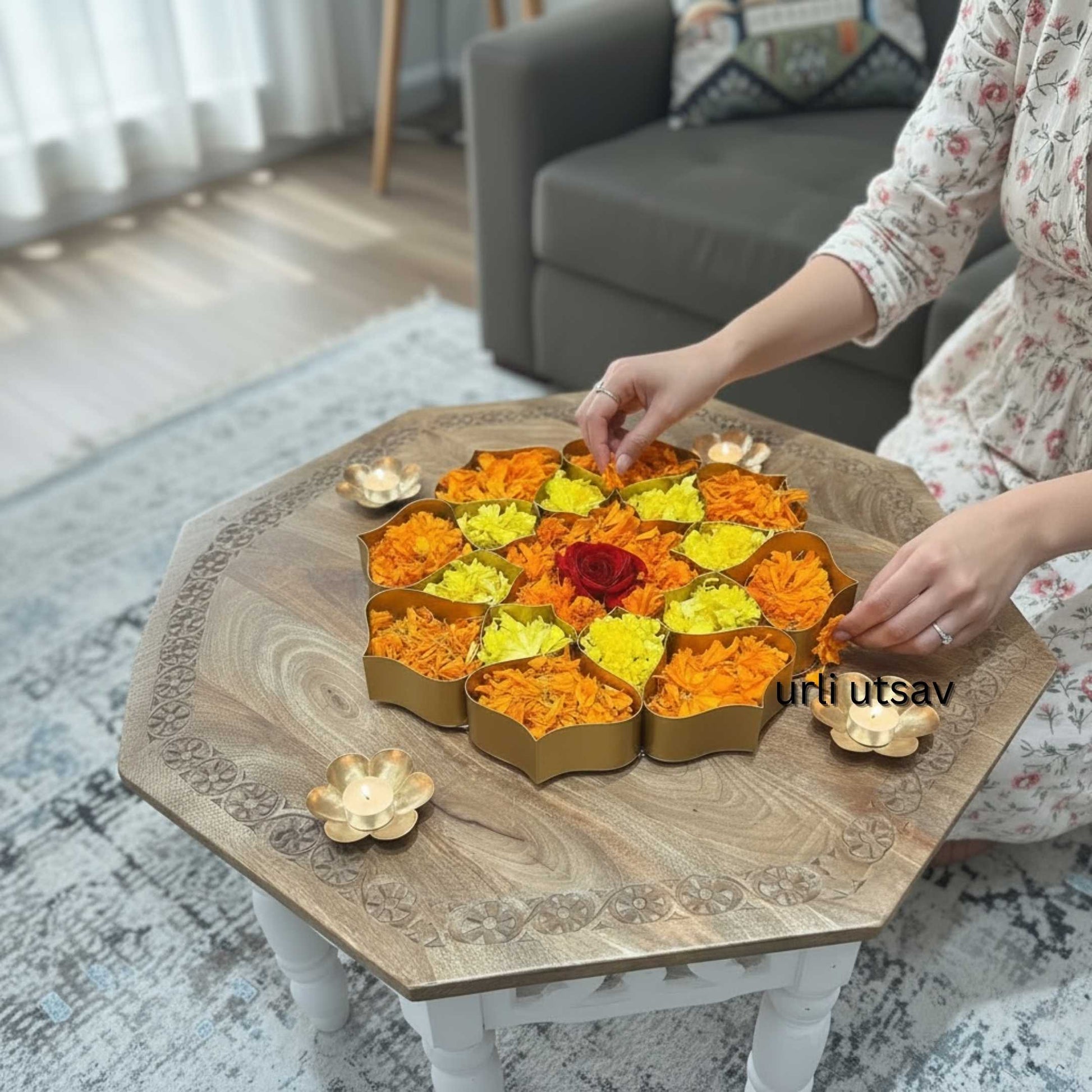 Diwali Decoration using Gold Etched Lotus Urli Plate by Urli Utsav