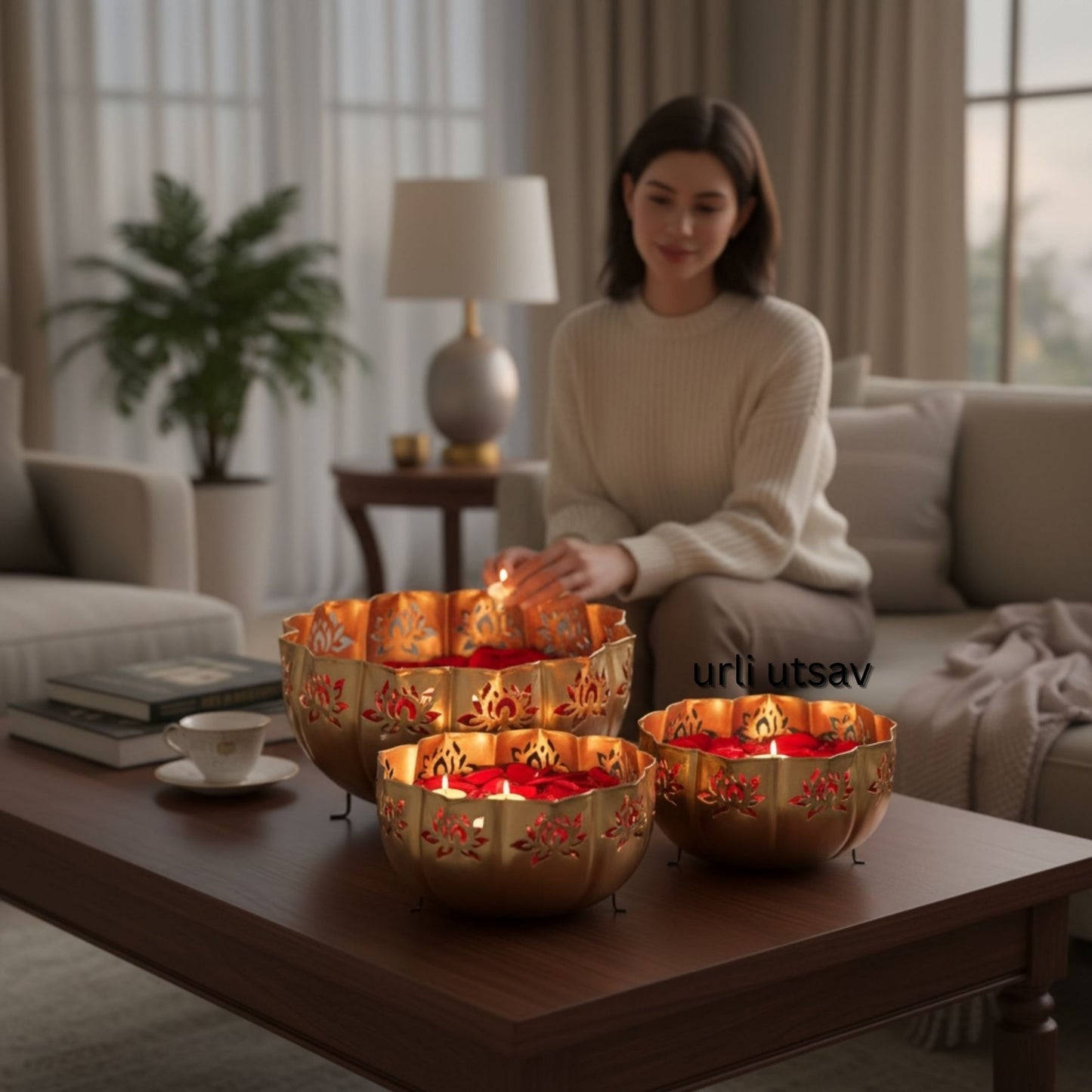 Woman lighting candles in decorative bowls on a coffee table in a cozy living room.