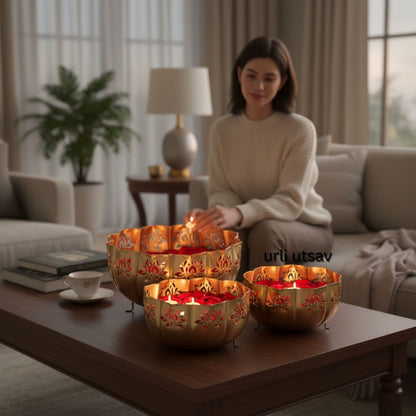 Woman lighting candles in decorative bowls on a coffee table in a cozy living room.