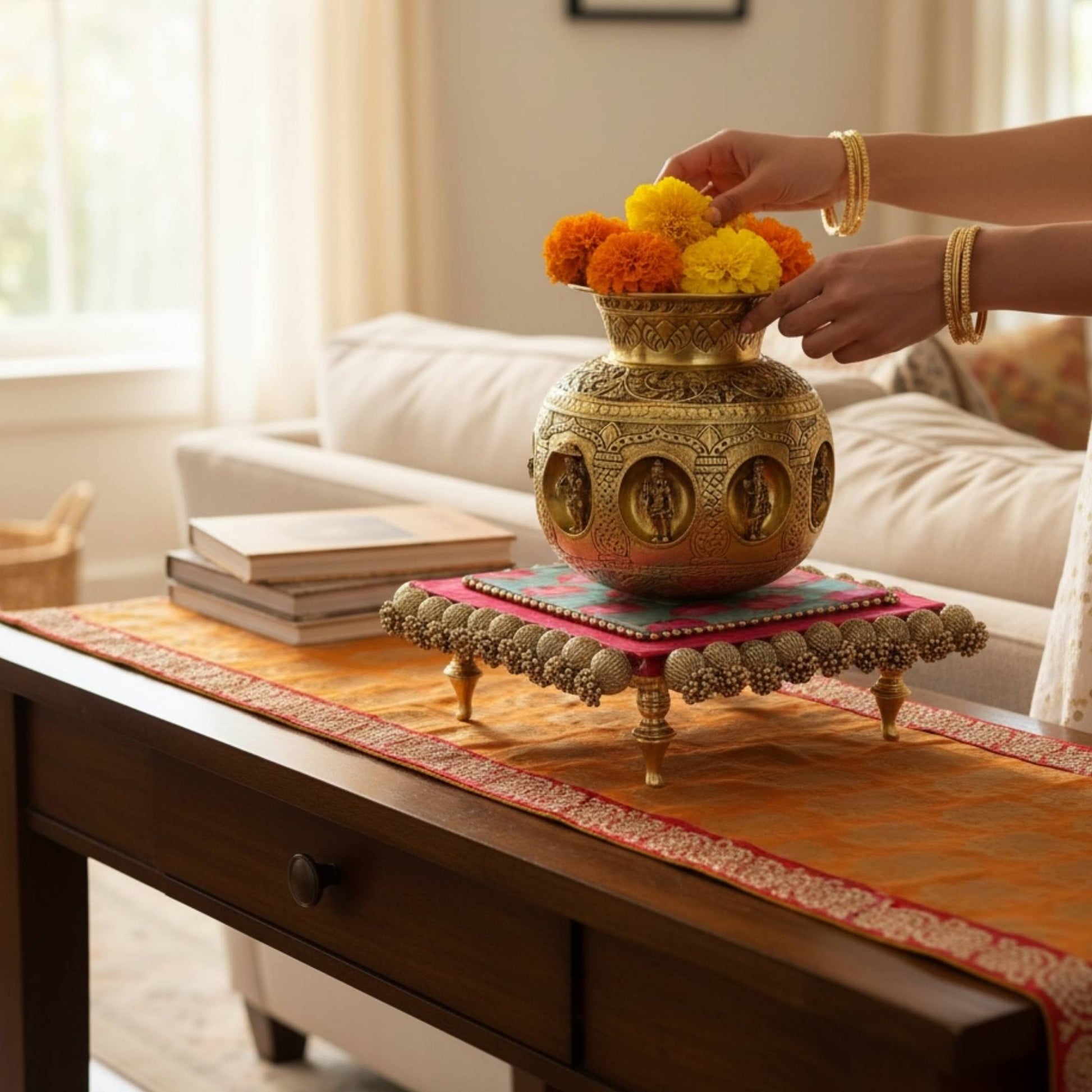 Woman placing marigold flowers in engraved brass Ashtalakshmi kalash on coffee table