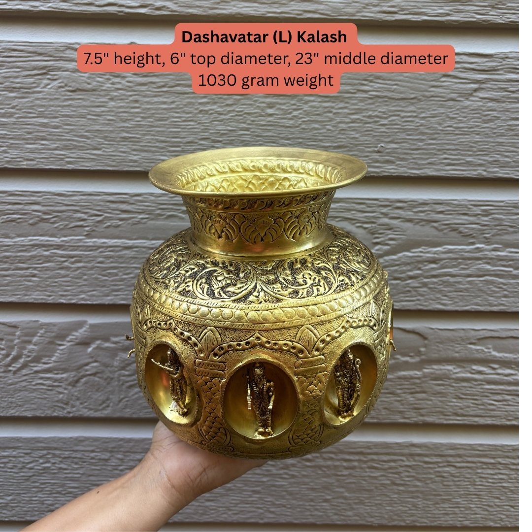 Brass Dashavatar Kalash hand-engraved pooja lota front view