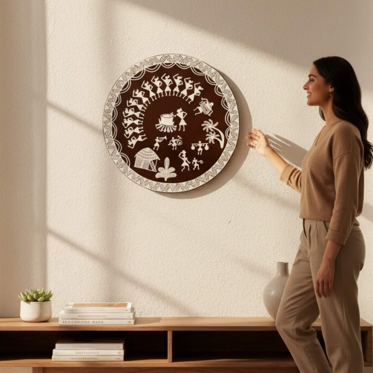 Woman admiring a decorative warli wall art by urli utsav decor