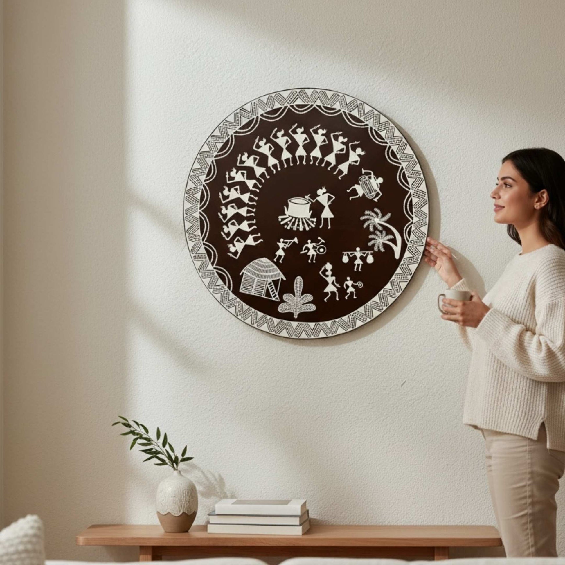 Woman pointing at a 2ft round warliwall art piece in a living room.