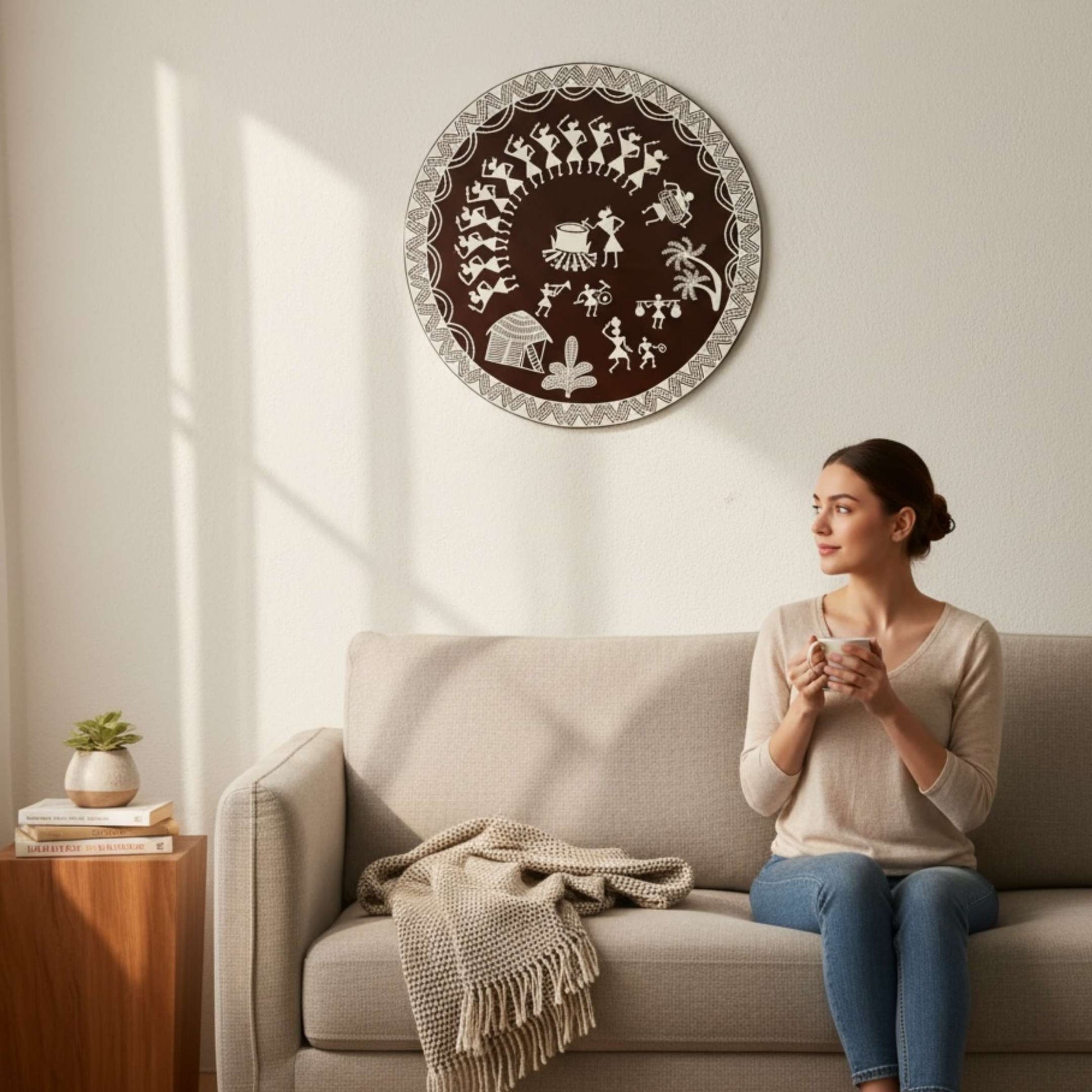 Woman sitting on a couch holding a mug, with a warli wall art above her
