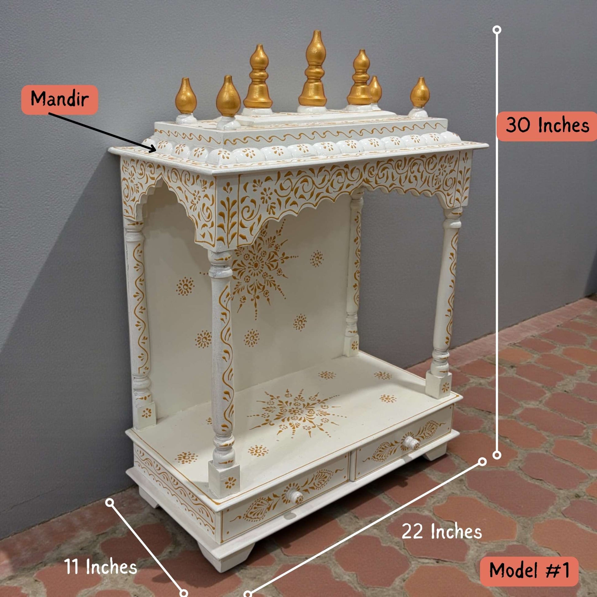Urli Utsav Model 1 - Elegant white wooden temple with intricate gold detailing and spacious shelves