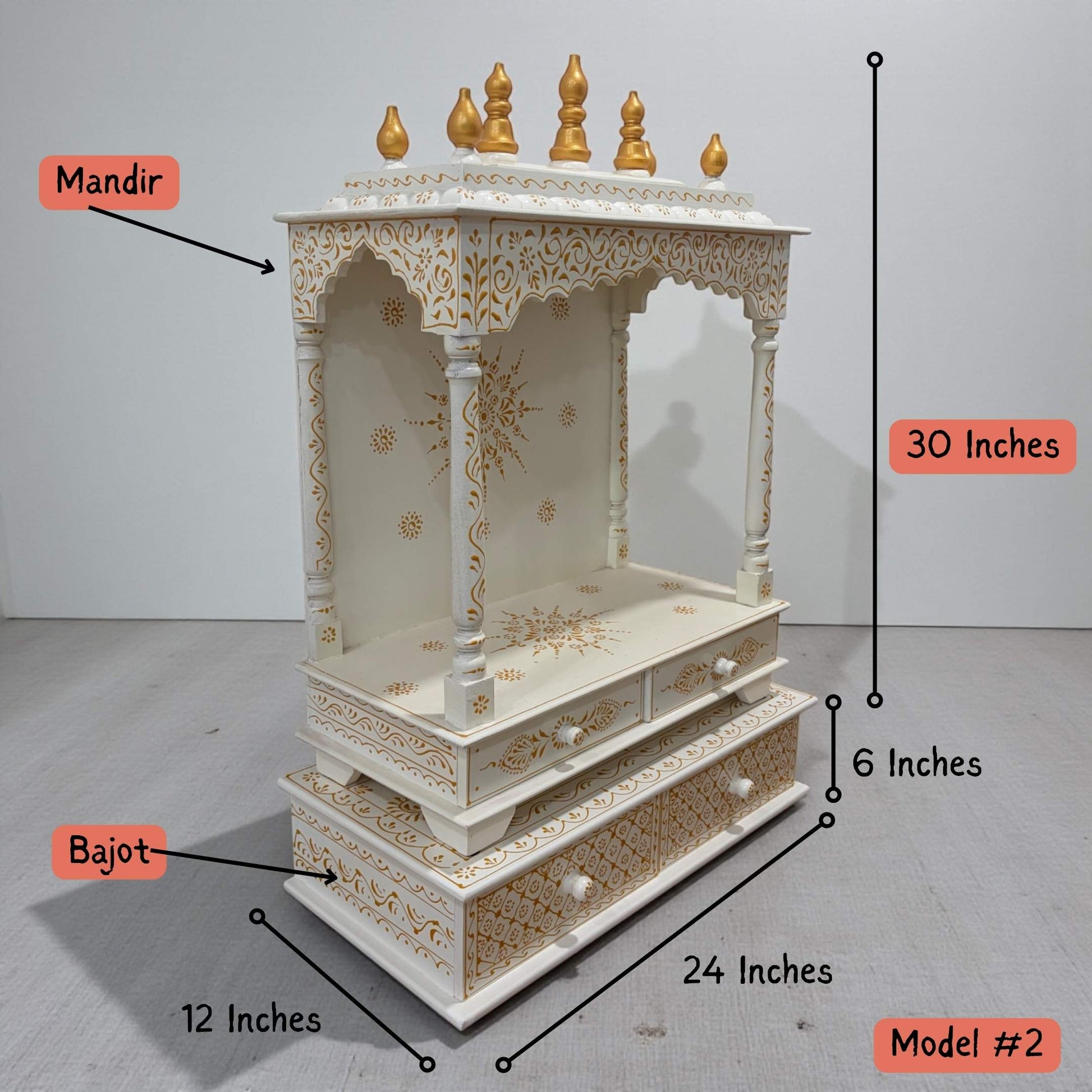 Urli Utsav Model 2 - Elegant white wooden temple & white Bajot with intricate gold detailing and spacious shelves