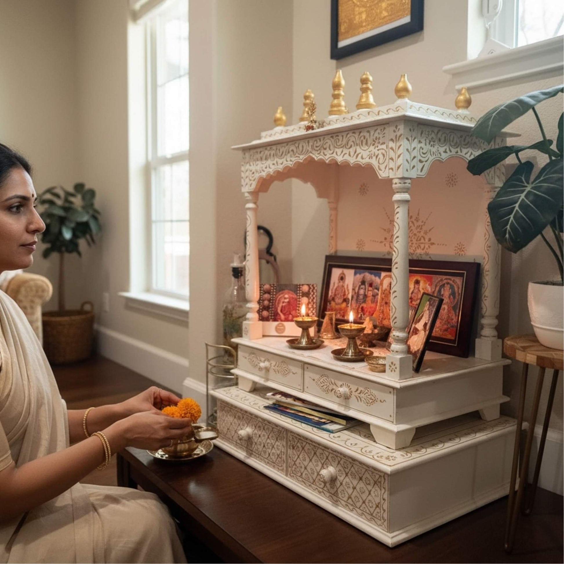Woman praying in front of a urli utsav white white mandir  - pooja ghar setup
