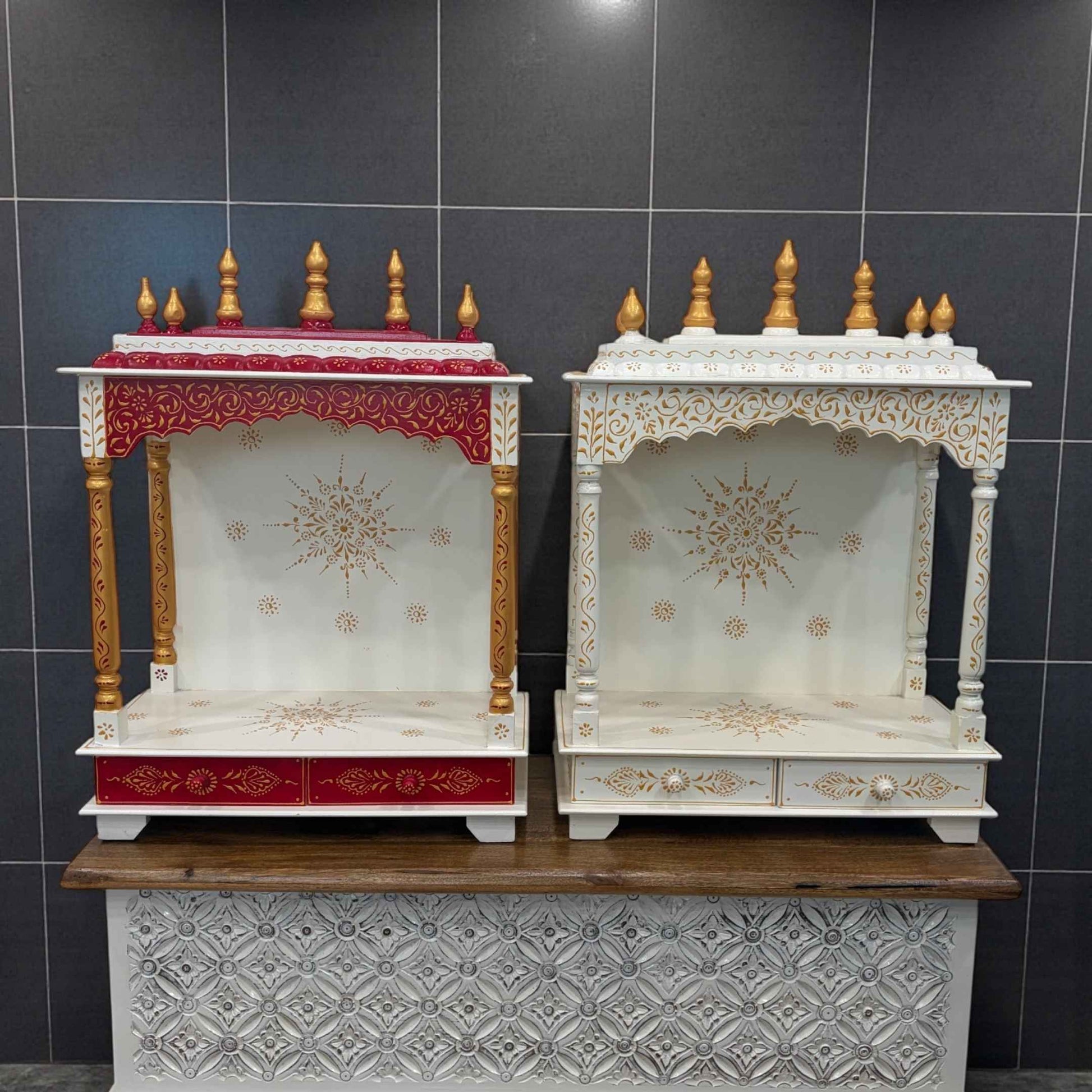 Urli Utsav Decor's White and Red Wooden Temple is a compact, elegant "piece of India" designed for your home in the USA.