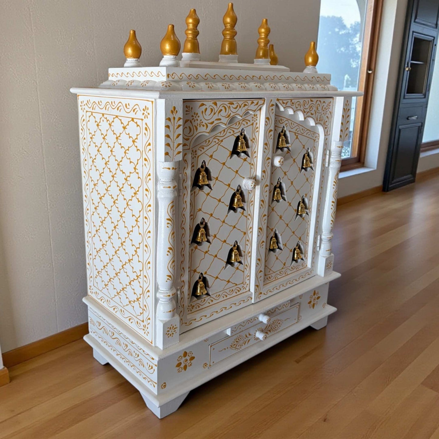 Side angle of the 30-inch tall wooden mandir showcasing its elegant design and spacious interior for idols