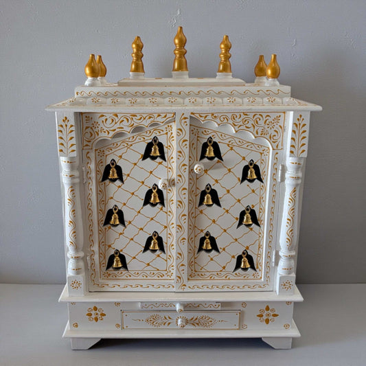 30x24x12-inch wooden pooja mandir in white and gold finish with hanging brass bells, perfect for home temple decor