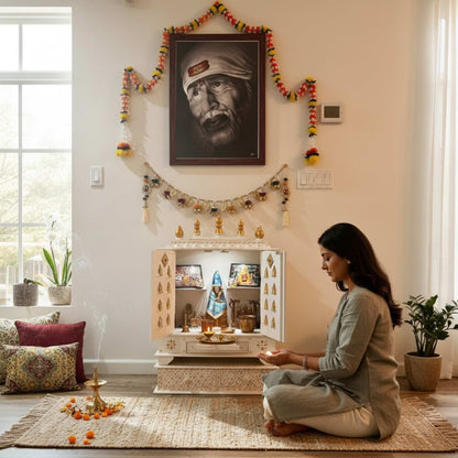 Shared by Customer, Urli Utsav Pooja Mandir - White Temple with Brass Bells & Doors