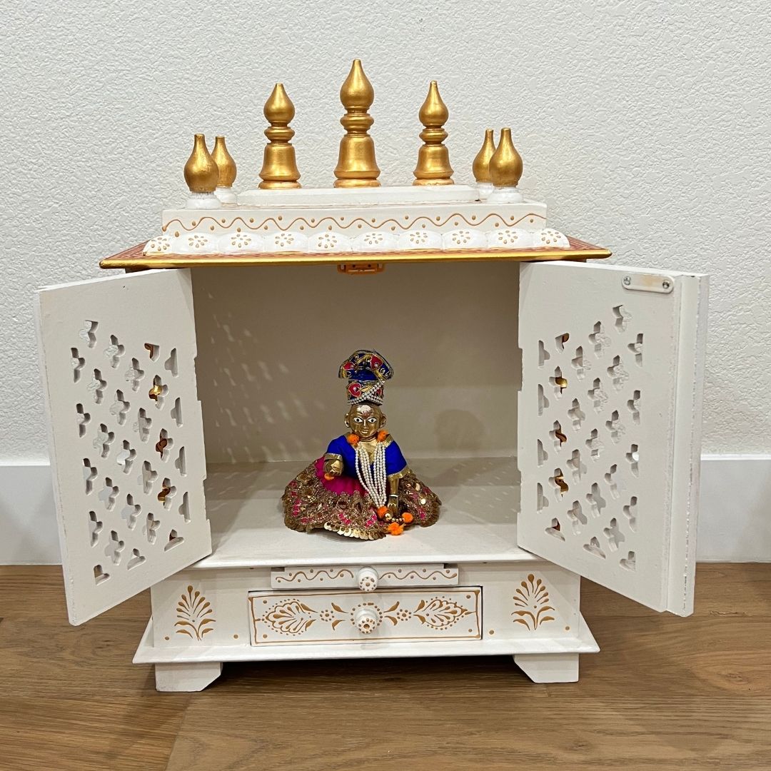 Compact White Wooden Pooja Mandir with Door