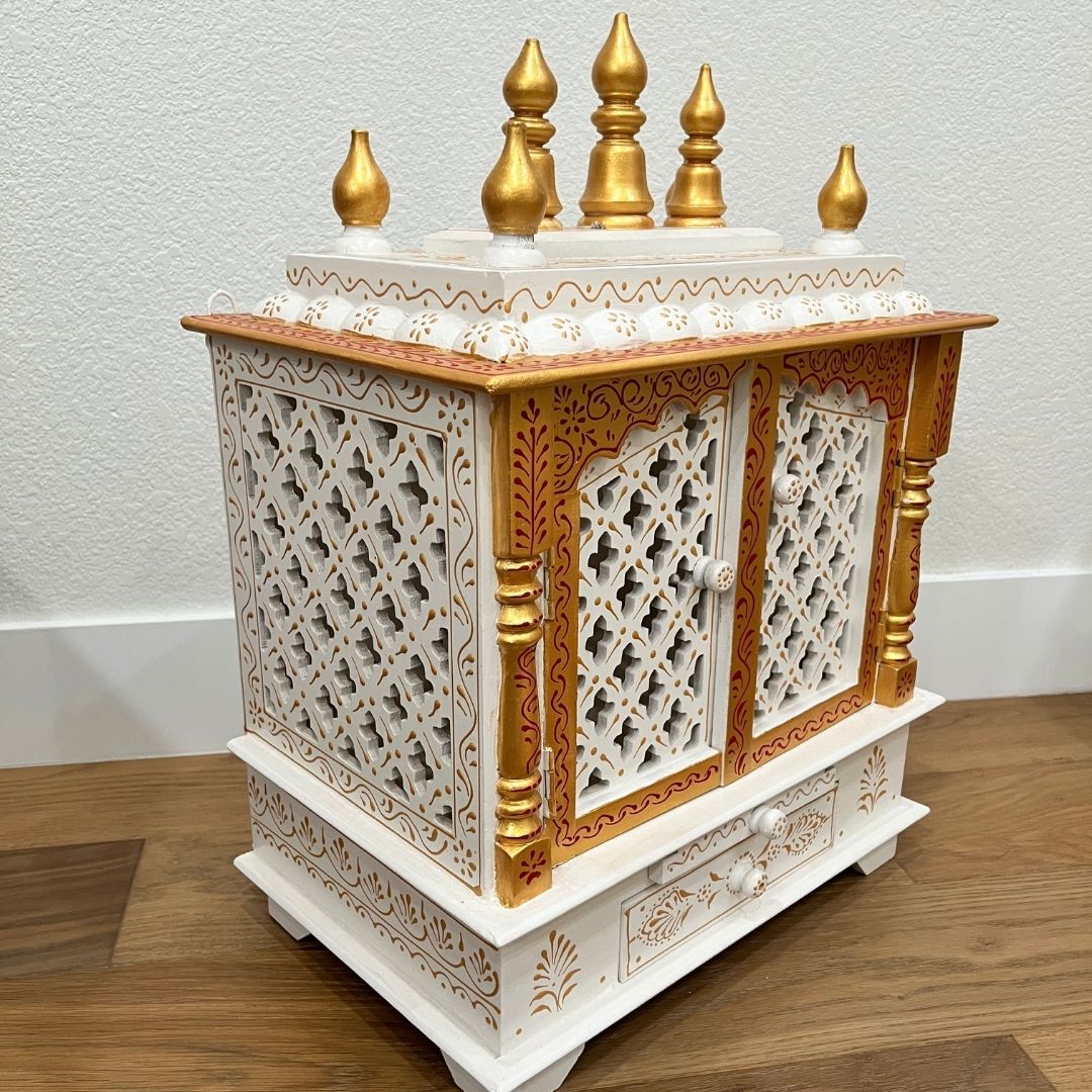 Compact White Wooden Pooja Mandir with Door