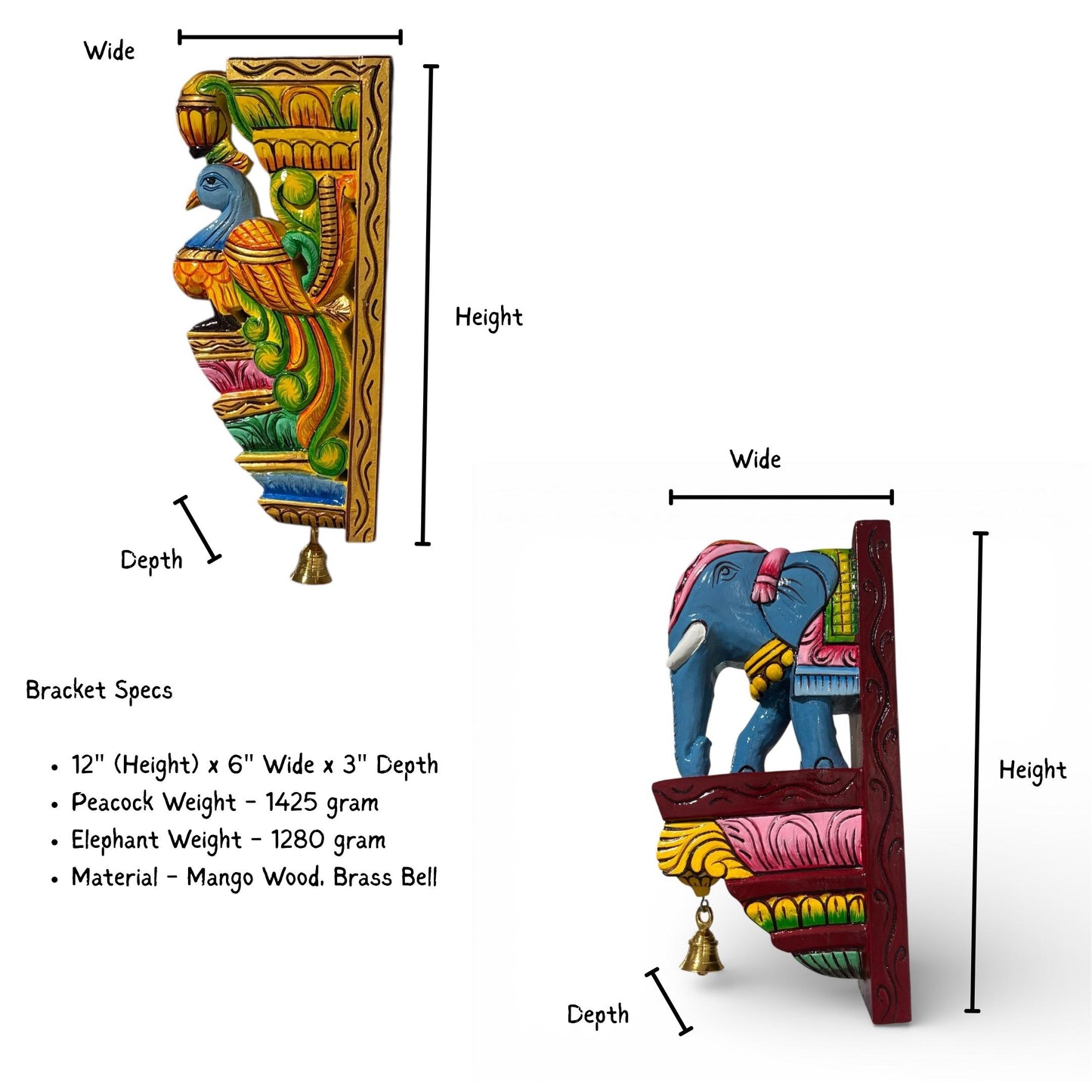 Infographic showing 12-inch dimensions and mango wood material of the hand-carved peacock and elephant design wall corbel.