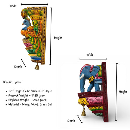Infographic showing 12-inch dimensions and mango wood material of the hand-carved peacock and elephant design wall corbel.