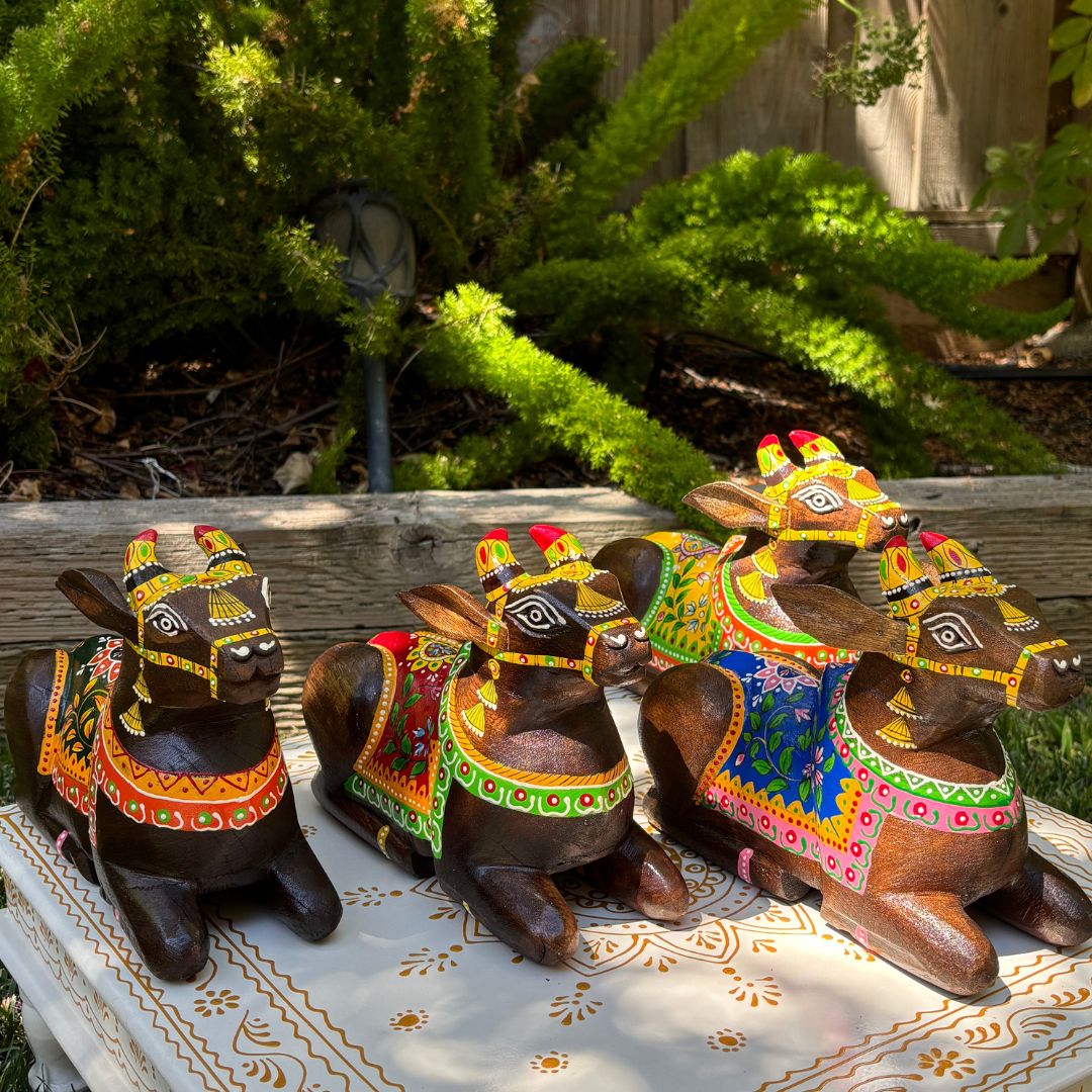 Sitting Nandi Status - Wooden Decor - Urli Utsav