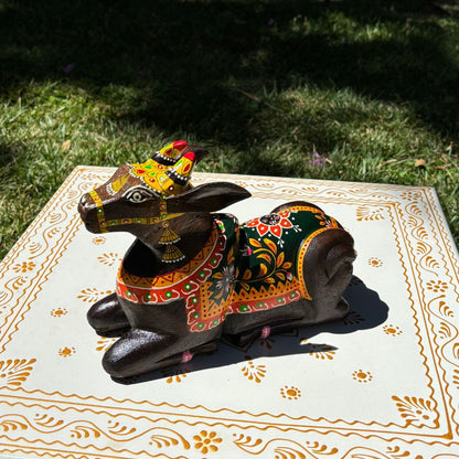 Sitting Nandi Status - Wooden Decor - Urli Utsav