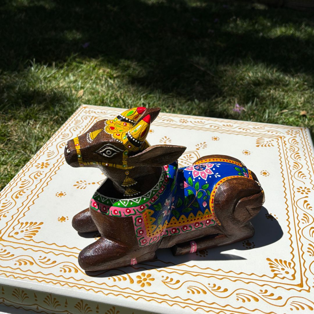 Sitting Nandi Status - Wooden Decor - Urli Utsav