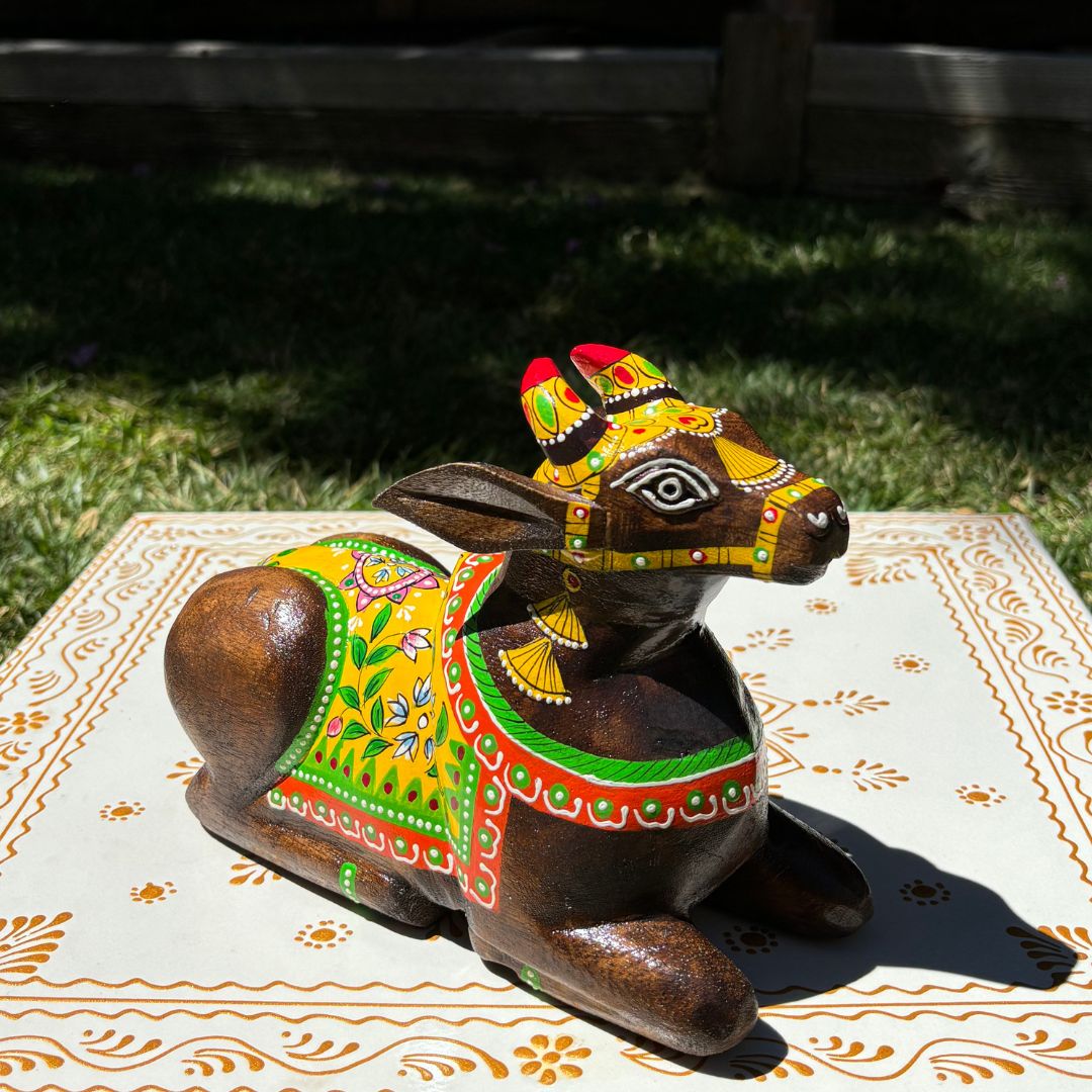 Sitting Nandi Status - Wooden Decor - Urli Utsav