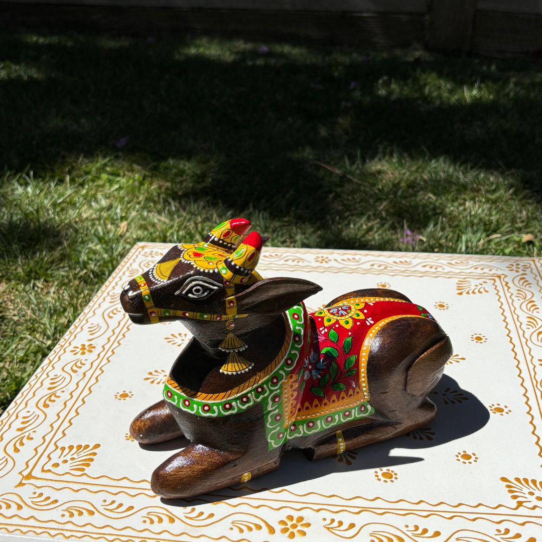 Sitting Nandi Status - Wooden Decor - Urli Utsav