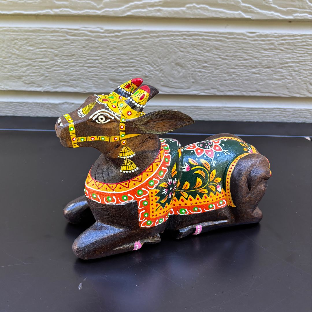 Sitting Nandi Status - Wooden Decor - Urli Utsav