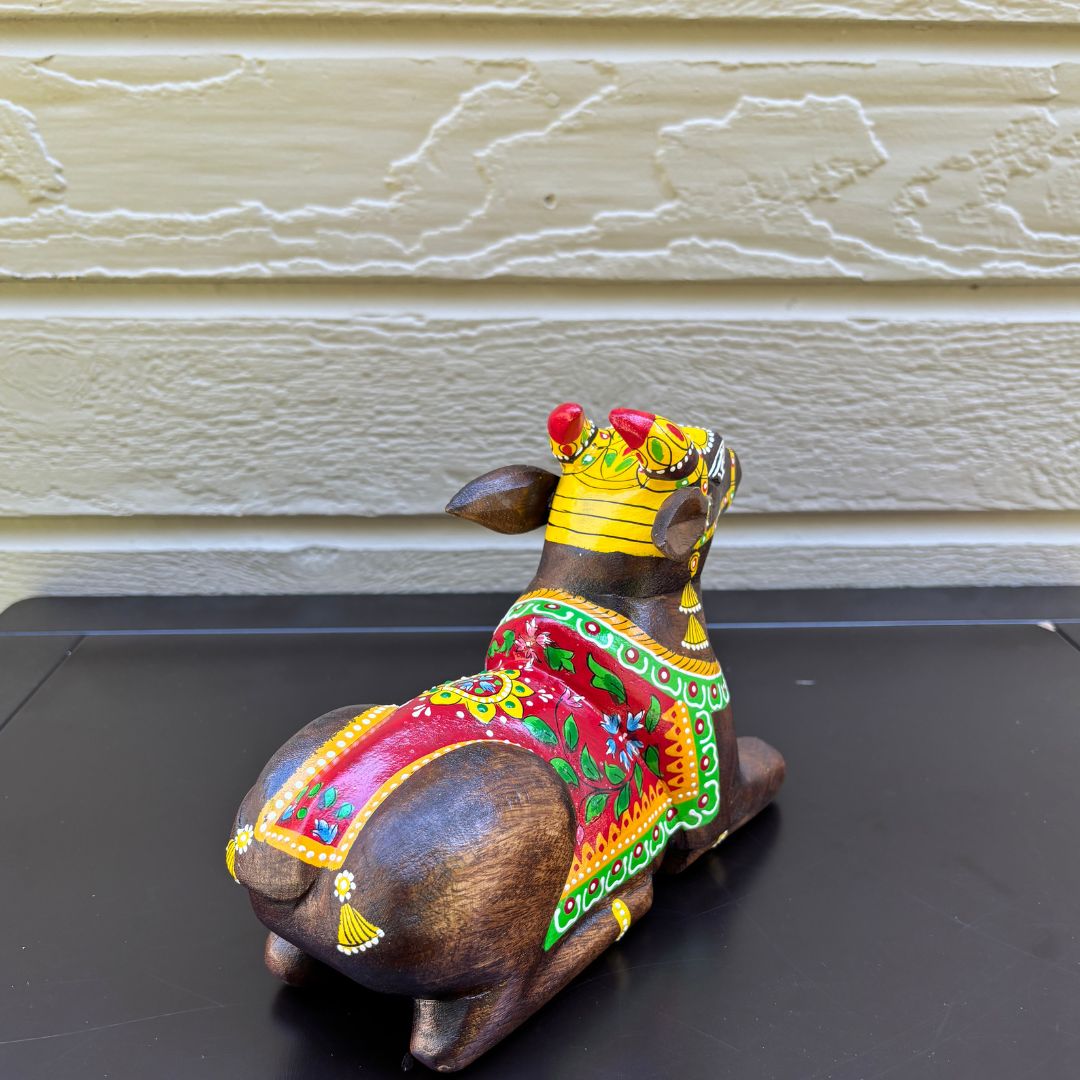 Sitting Nandi Status - Wooden Decor - Urli Utsav