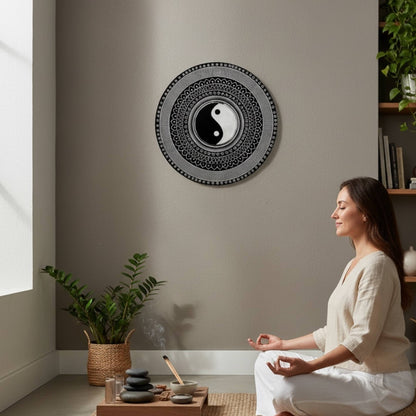 Woman meditating in a room with a decorative wall clock featuring a yin yang wall art.