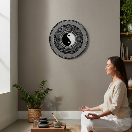 Woman meditating in a room with a decorative wall clock featuring a yin yang wall art.