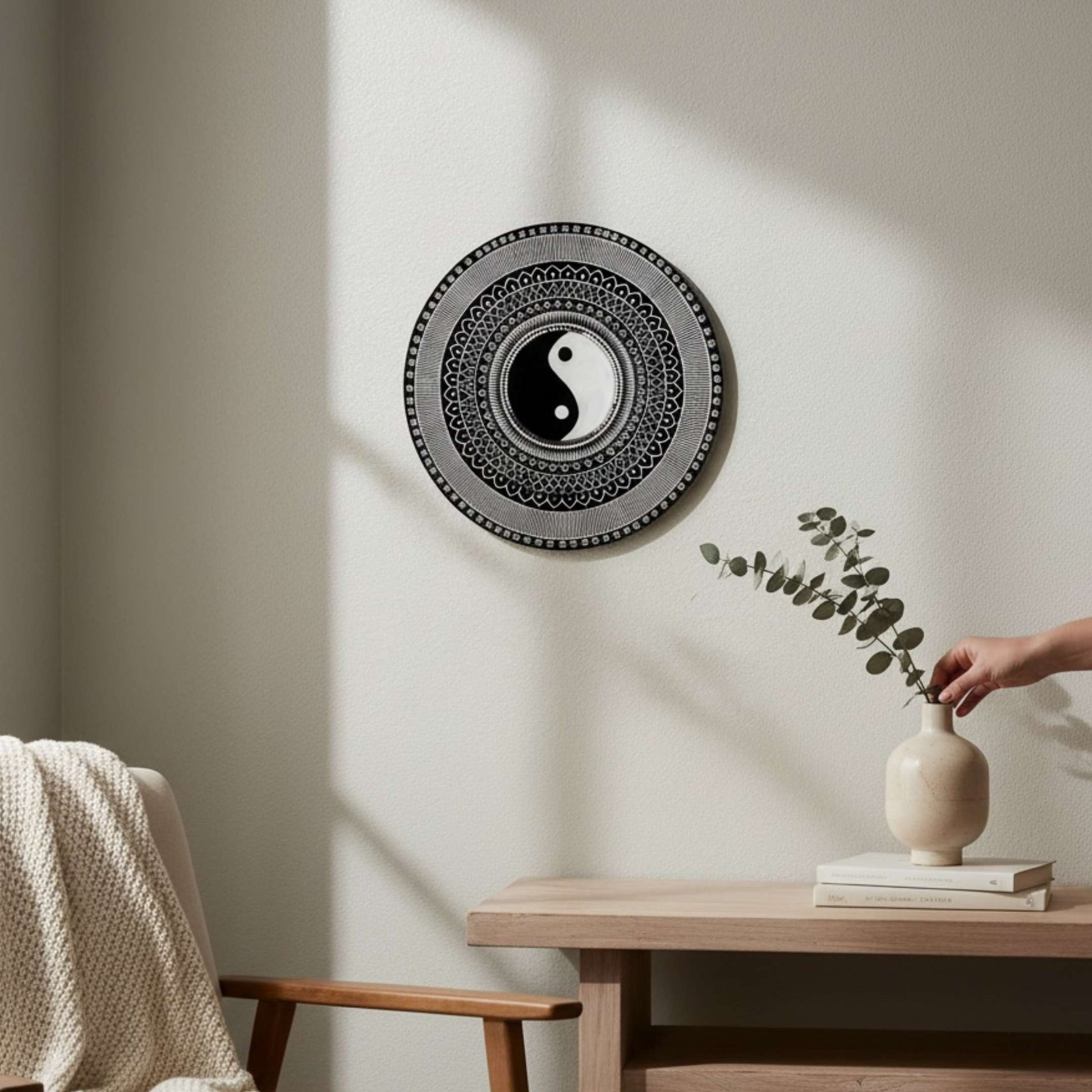 2ft round yin yang symbol wall art on a neutral wall 